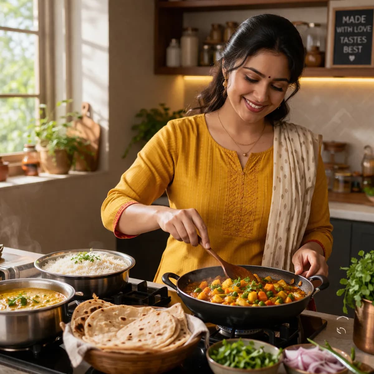 Home cook preparing a fresh vegetable curry in her kitchen