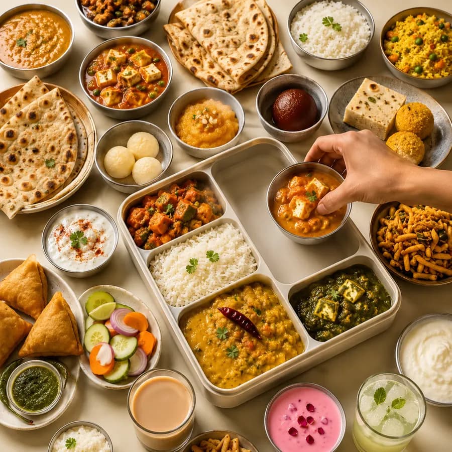 A build-your-own tiffin spread with rotis, dal, paneer, and rice
