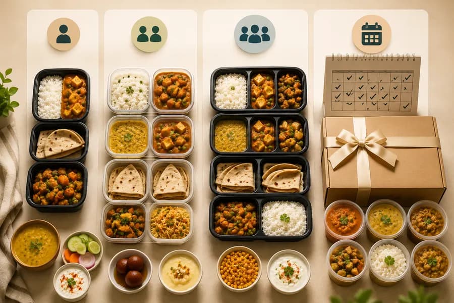 Stacked tiffin boxes for one, two, and family-size subscription plans