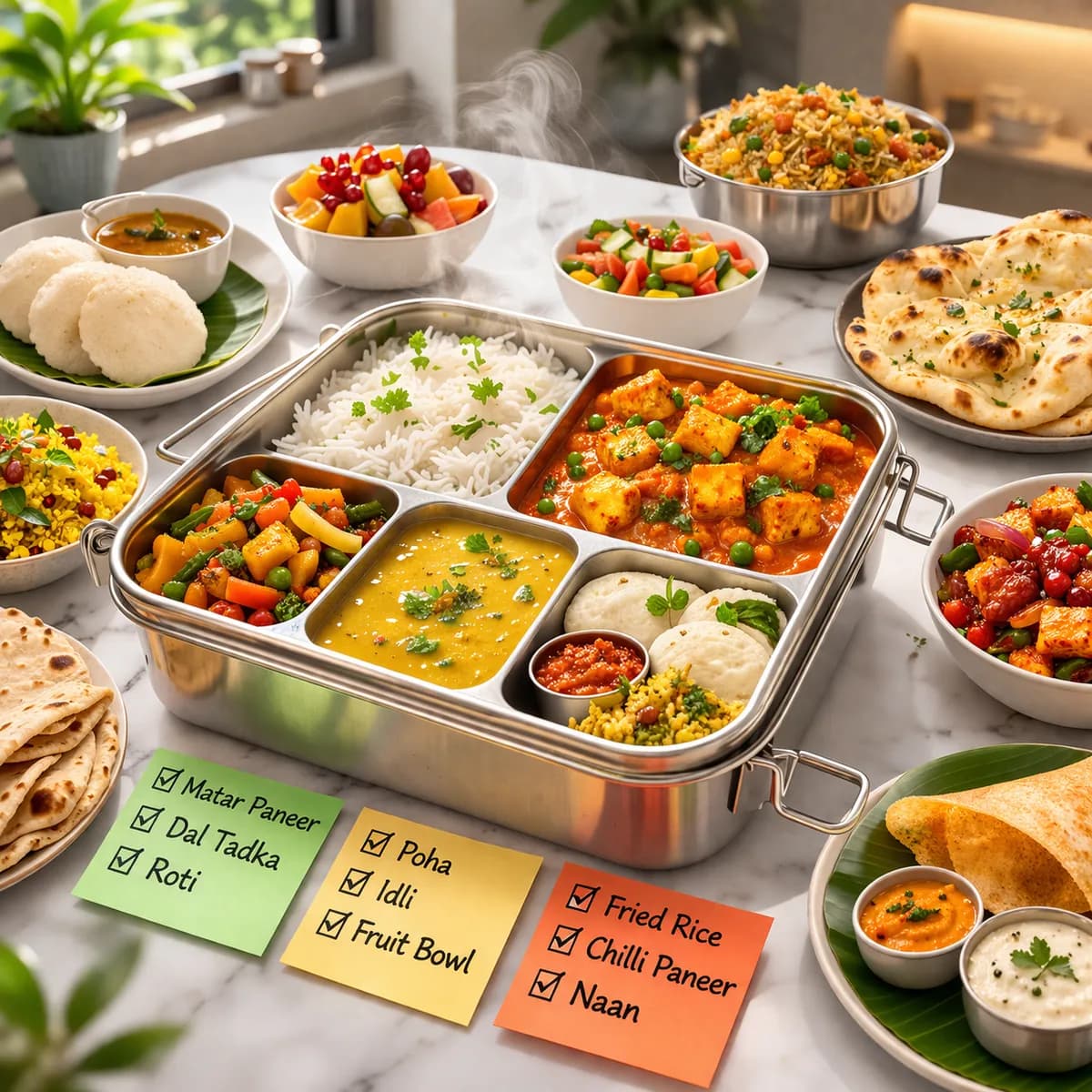 Steel tiffin box filled with home-cooked dishes beside daily menu notes